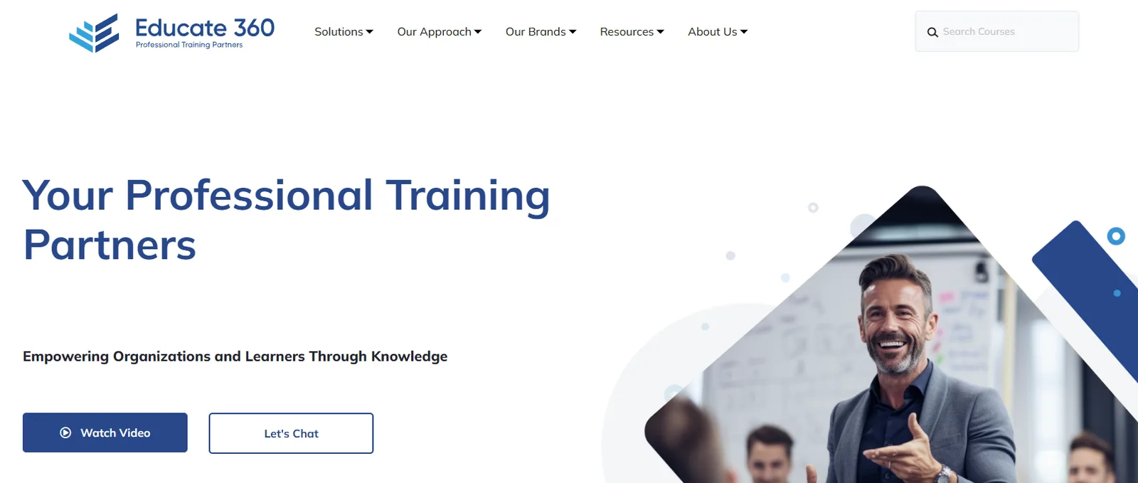 Educate 360 home page hero with brand navigation and course search