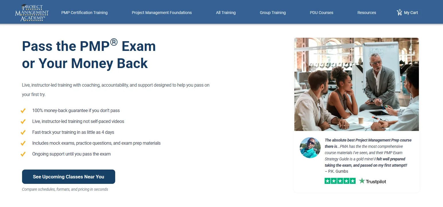Project Management Academy landing page promoting PMP exam training with a Trustpilot review