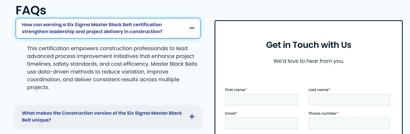 Six Sigma course FAQ accordion beside a get in touch contact form
