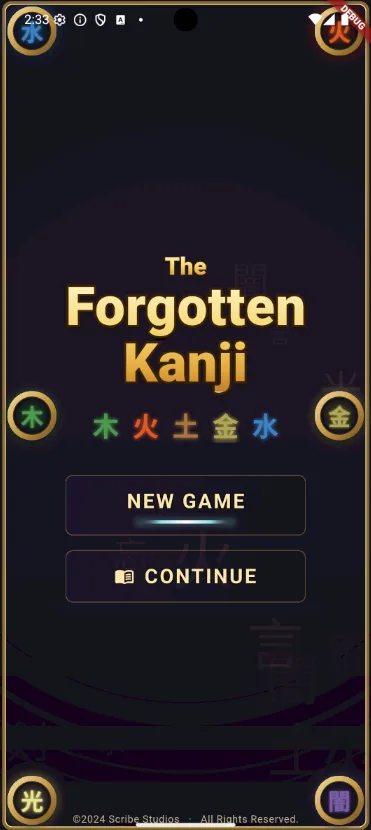 Title screen for The Forgotten Kanji with elemental kanji symbols and New Game and Continue buttons