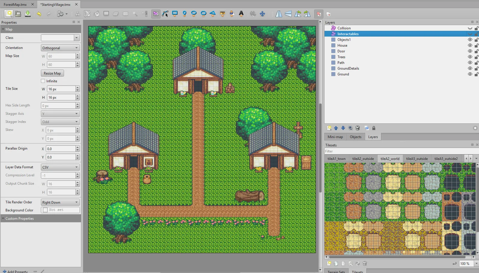 The starting village being built in the Tiled map editor, with layers, tilesets, and the pixel-art town laid out on a grid