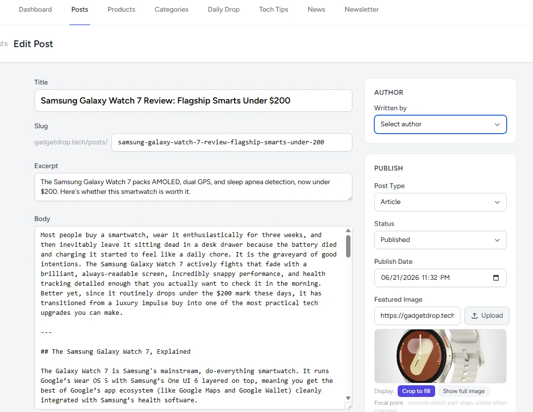 Admin post editor with title, slug, excerpt, and markdown body beside author and publish settings