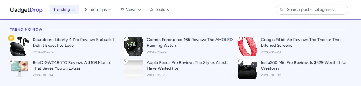 Trending mega menu listing ranked reviews with product thumbnails and publish dates