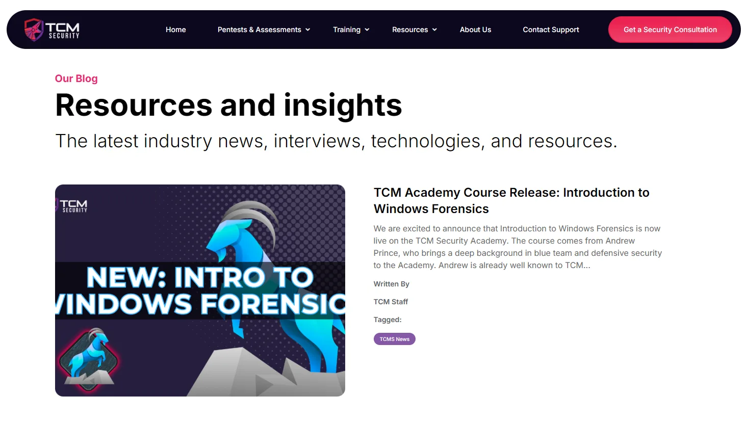 TCM Security blog index with a featured post announcing a new Windows forensics course