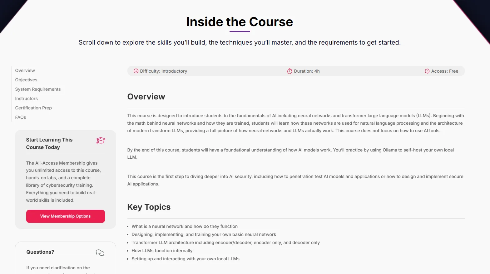 Course detail page showing difficulty, duration, and access above the overview and key topics