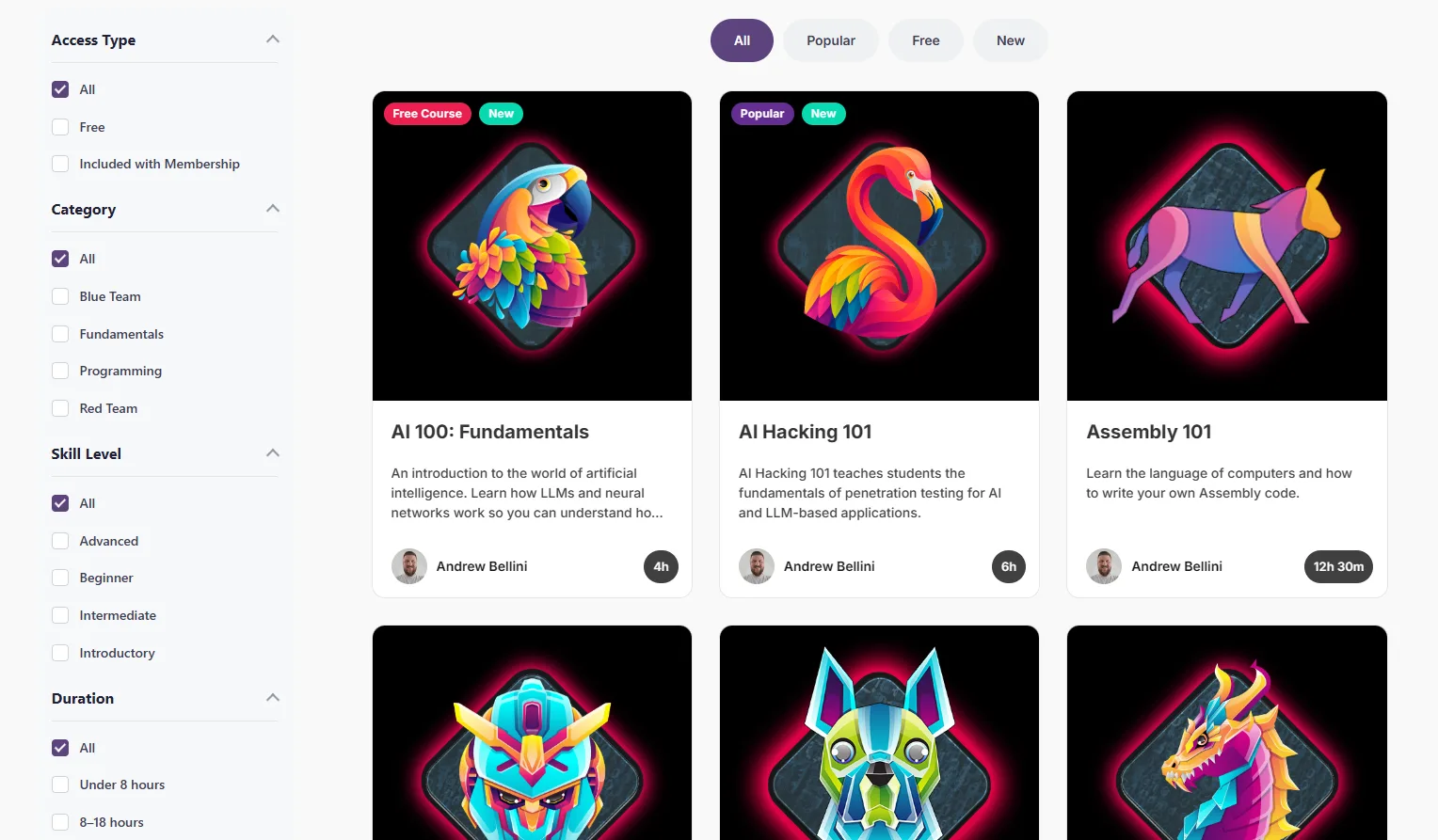 Academy course catalog with sidebar filters for access type, category, skill level, and duration