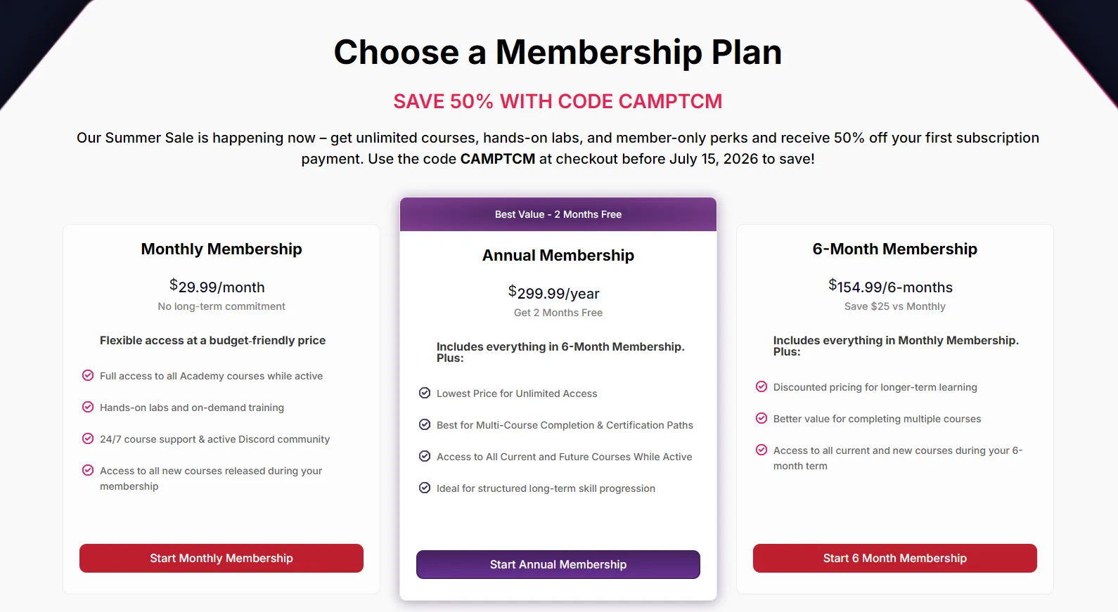 Membership page comparing monthly, six month, and annual plans