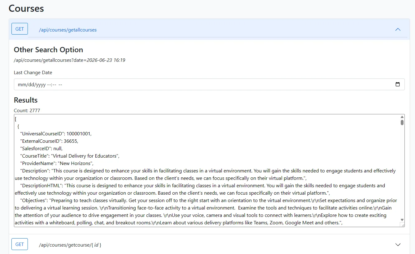 API documentation page listing course endpoints with a live JSON response from the getallcourses endpoint