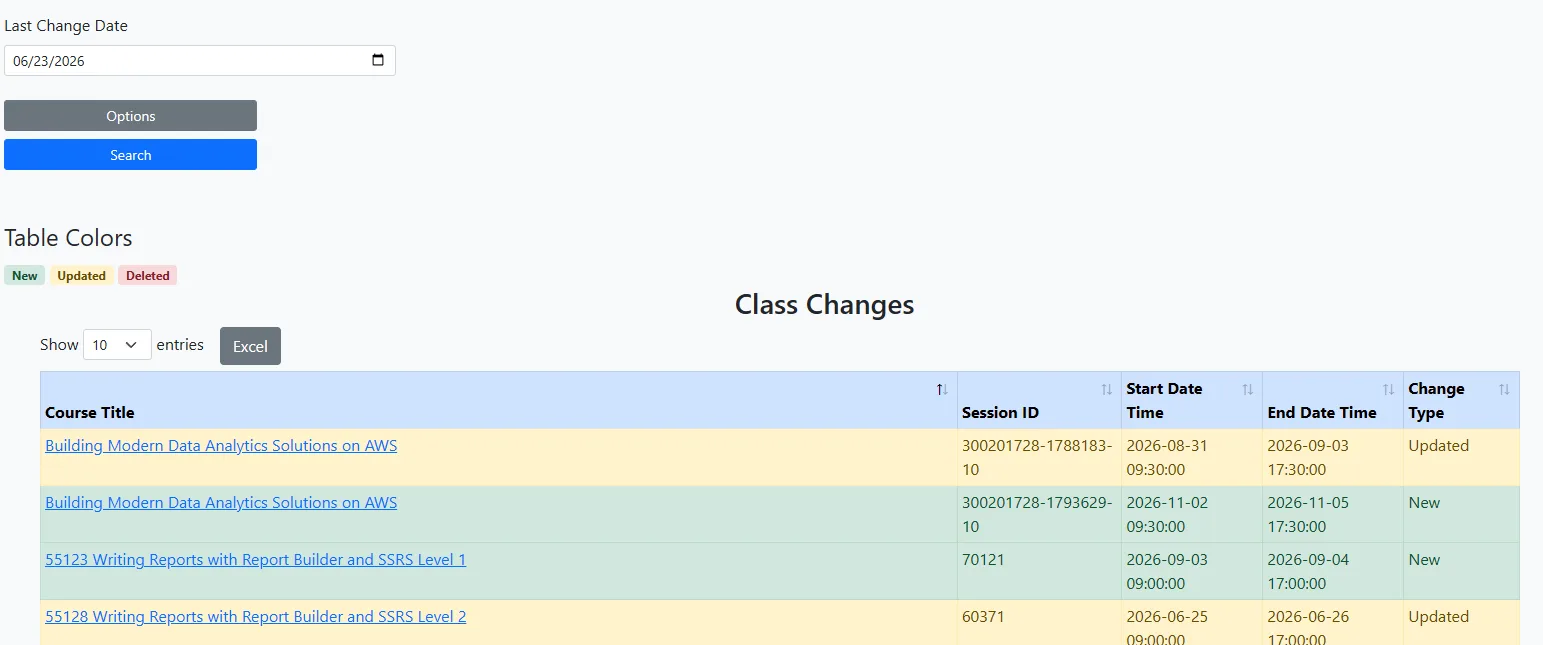 Class changes report with rows color coded as new, updated, or deleted