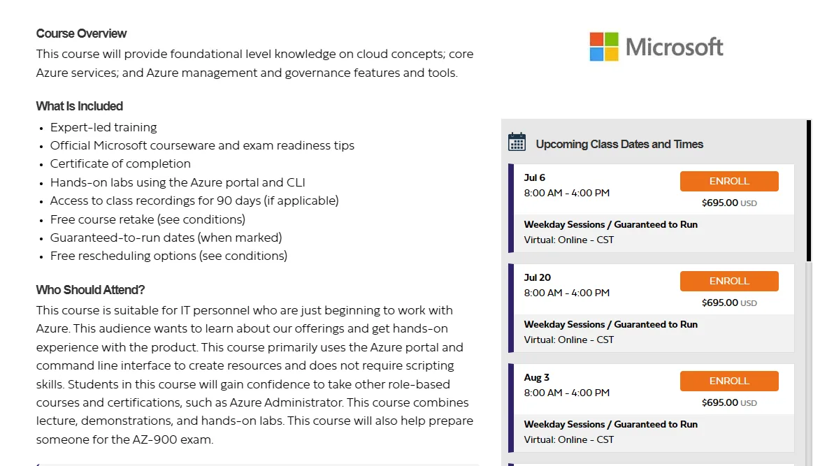 Public course page for a Microsoft Azure course with an upcoming class dates and times sidebar listing sessions, times, and enrollment prices