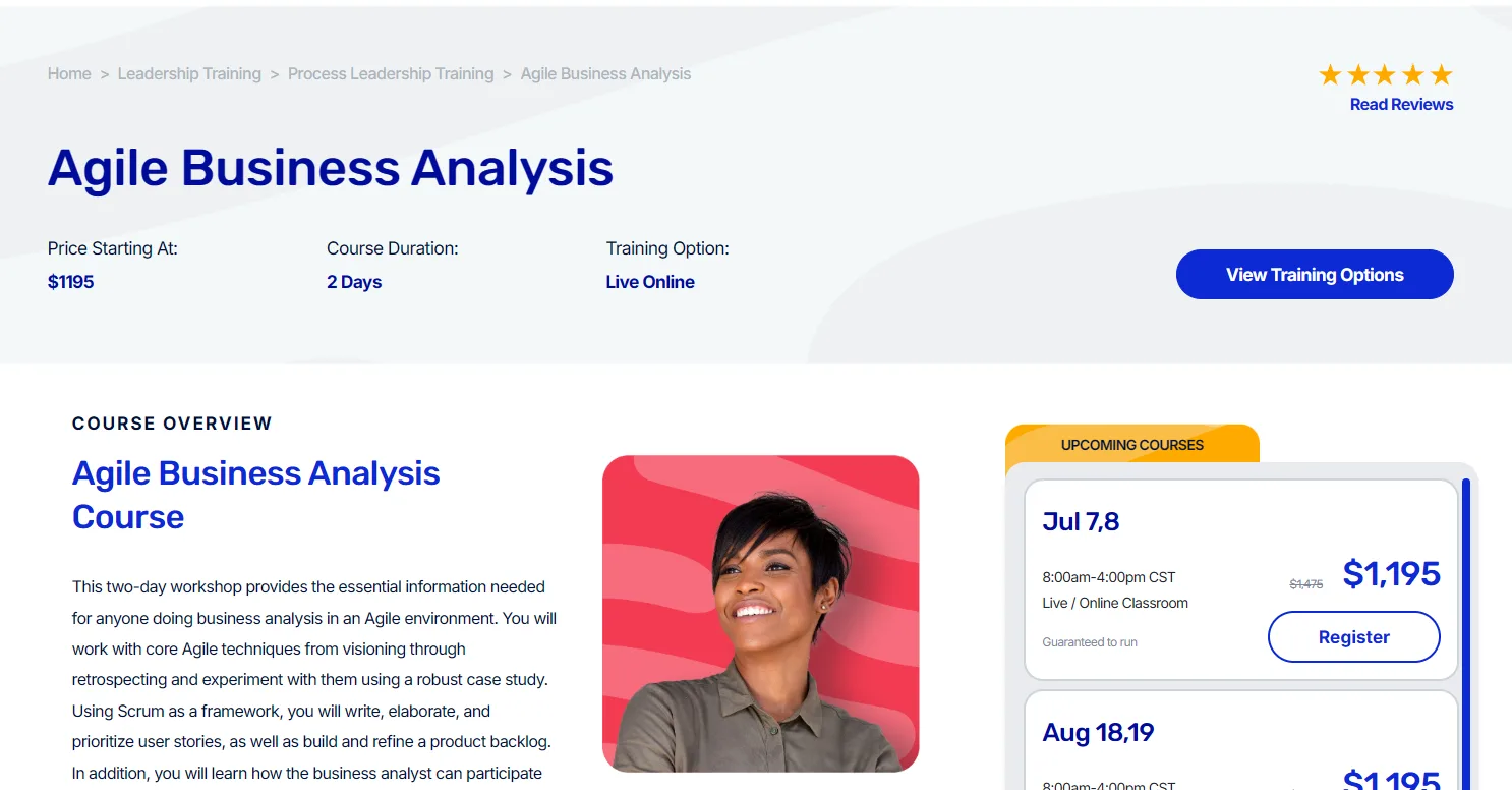 Agile Business Analysis course page with pricing, duration, and an upcoming sessions sidebar
