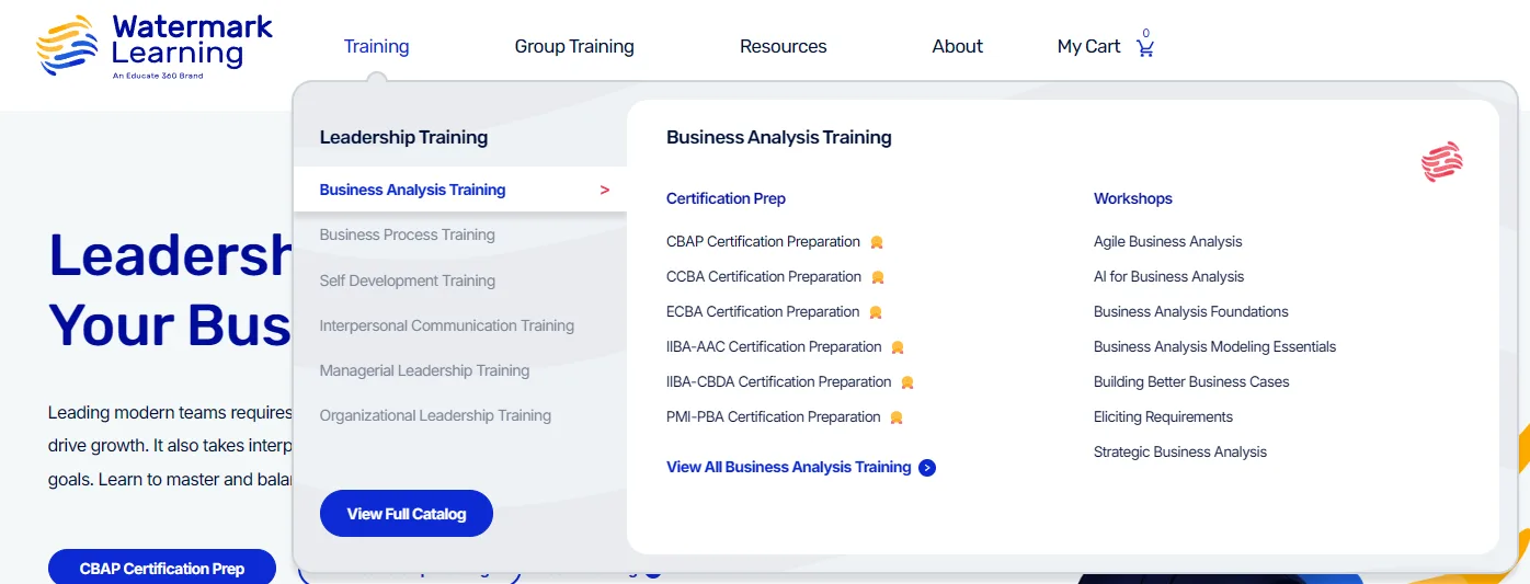 Training mega menu expanded to show certification prep and workshop courses for business analysis