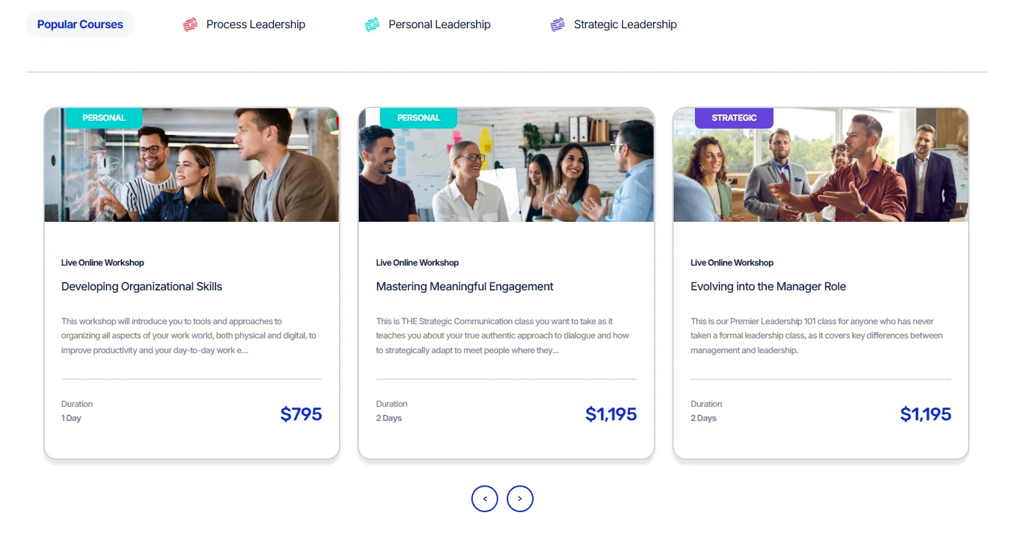 Popular courses carousel with workshop cards showing duration and price